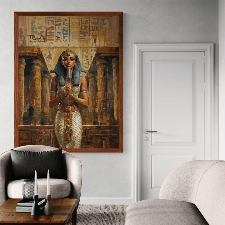 Egyptian goddess wall art featuring Wadjet in ceremonial attire standing inside a grand ancient temple filled with hieroglyphs and warm golden tones.
