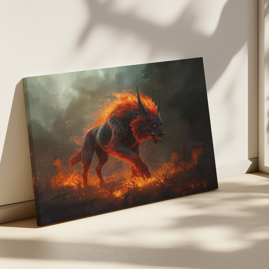Dark fantasy hellhound wall art featuring a fiery demon wolf walking through burning embers and smoke.