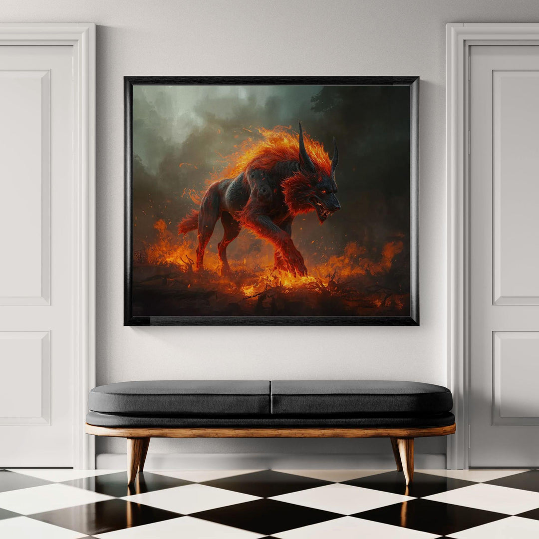 Dark fantasy hellhound wall art featuring a fiery demon wolf walking through burning embers and smoke.