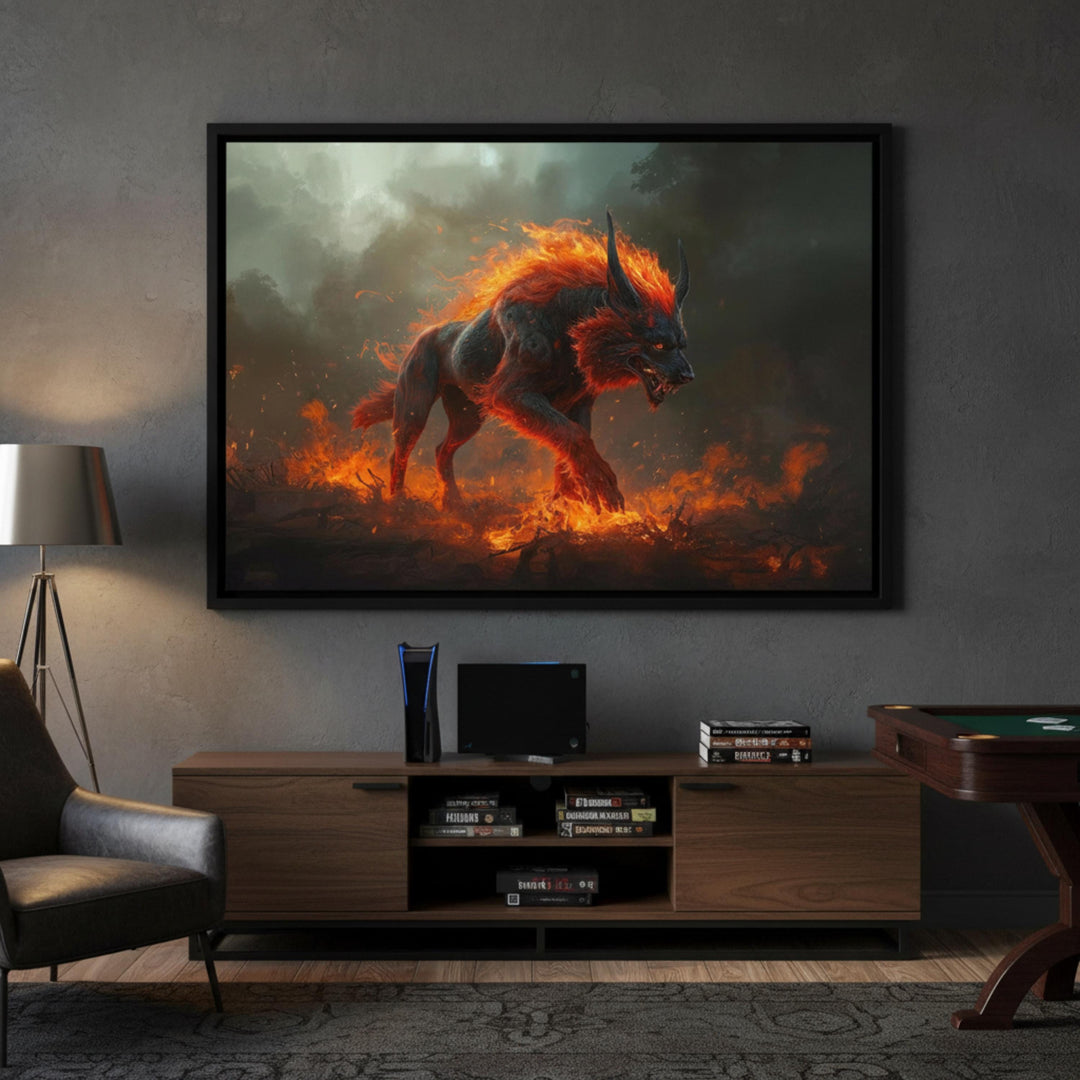 Dark fantasy hellhound wall art featuring a fiery demon wolf walking through burning embers and smoke.