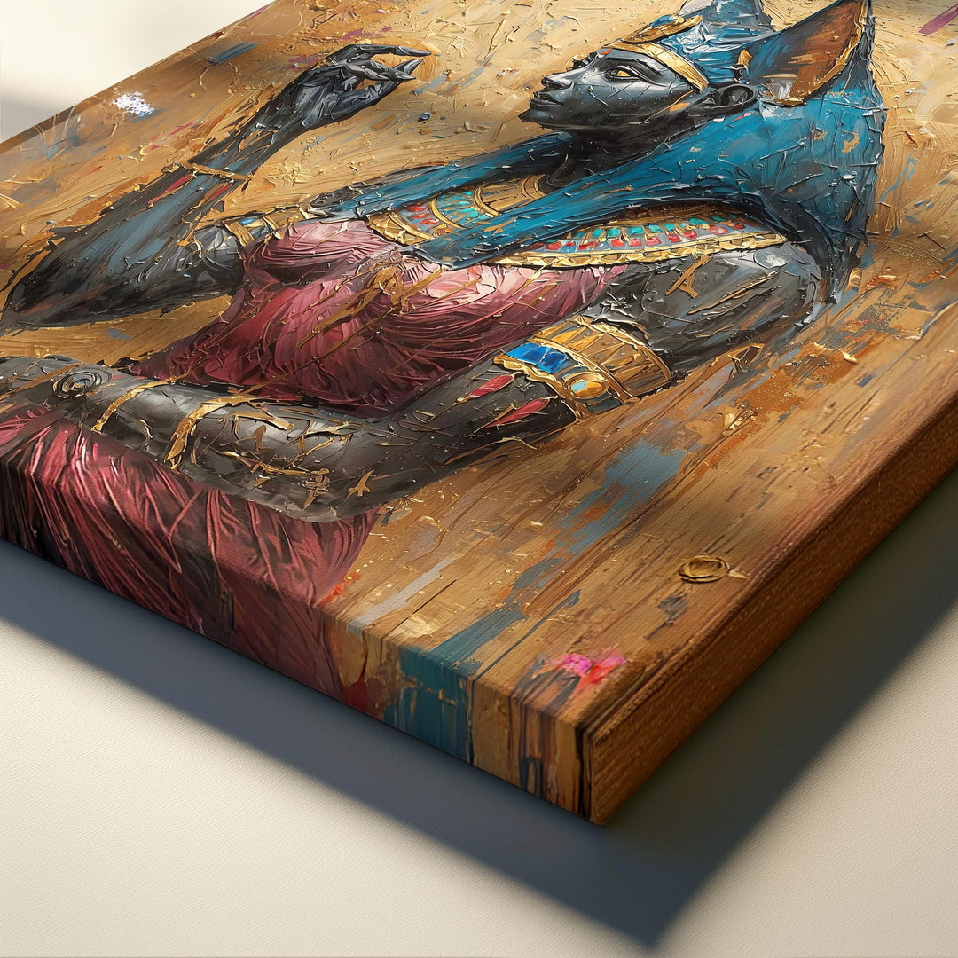 Egyptian goddess wall art featuring Bastet portrayed as a regal cat deity with gold adornments in painterly style.