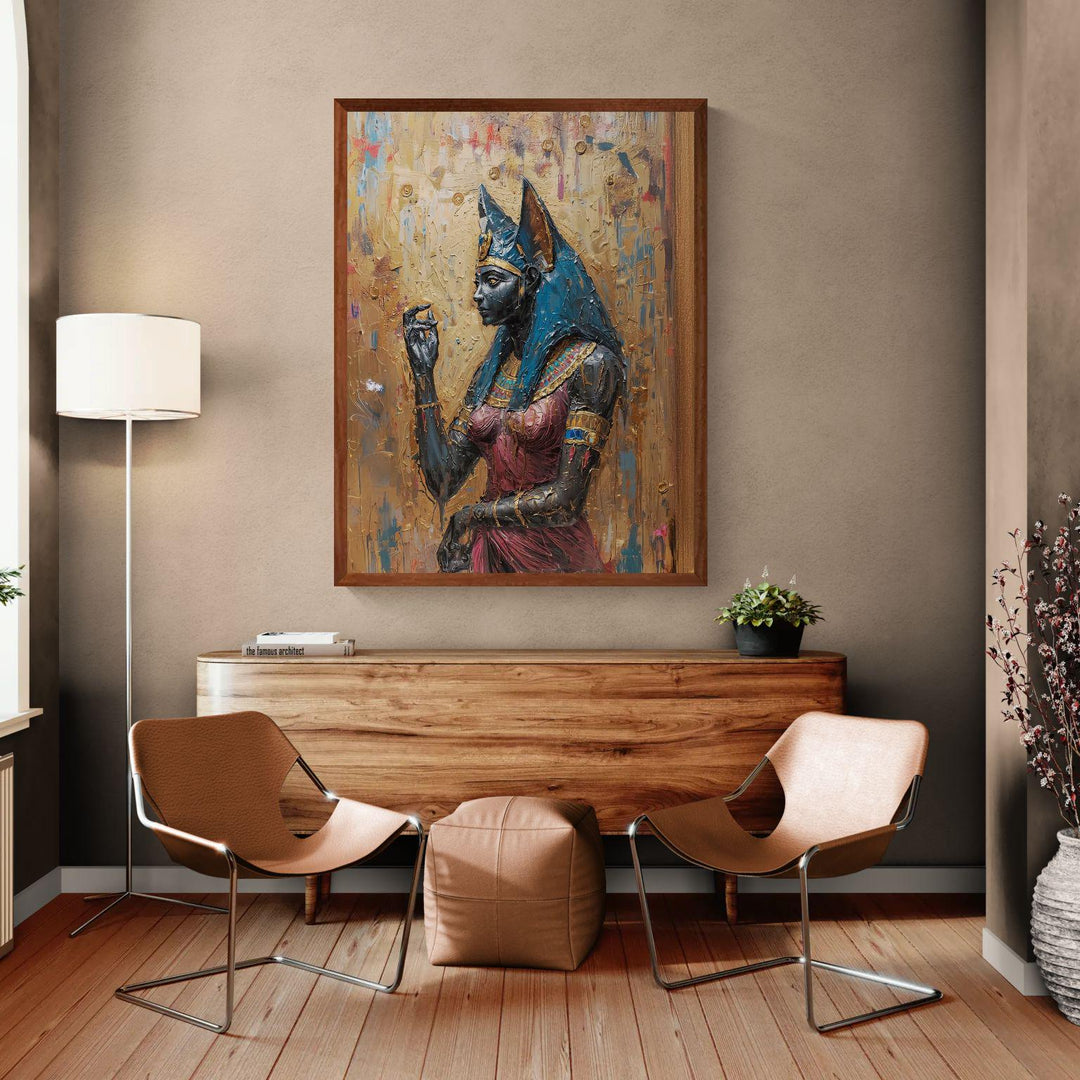 Egyptian goddess wall art featuring Bastet portrayed as a regal cat deity with gold adornments in painterly style.