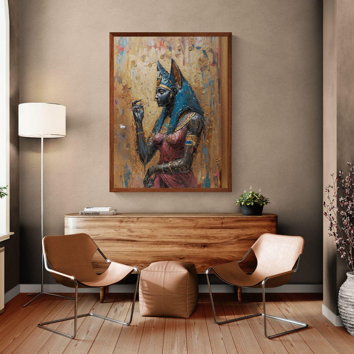 Egyptian goddess wall art featuring Bastet portrayed as a regal cat deity with gold adornments in painterly style.