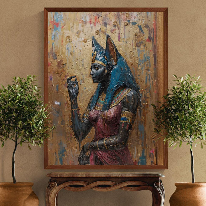 Egyptian goddess wall art featuring Bastet portrayed as a regal cat deity with gold adornments in painterly style.