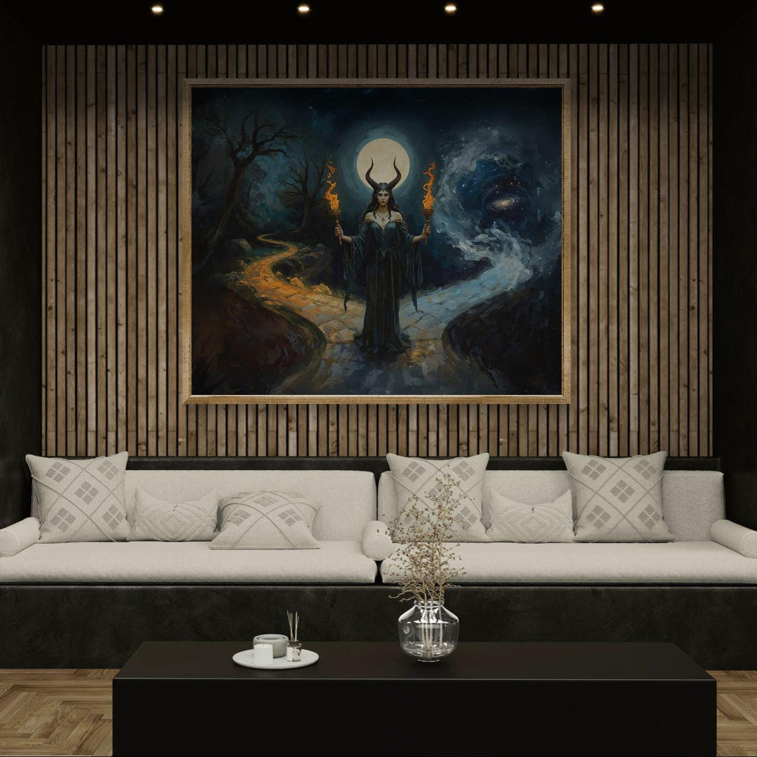 Hecate-inspired dark fantasy illustration of a horned moon goddess holding twin flaming torches beneath a glowing full moon at a cosmic crossroads between worlds.