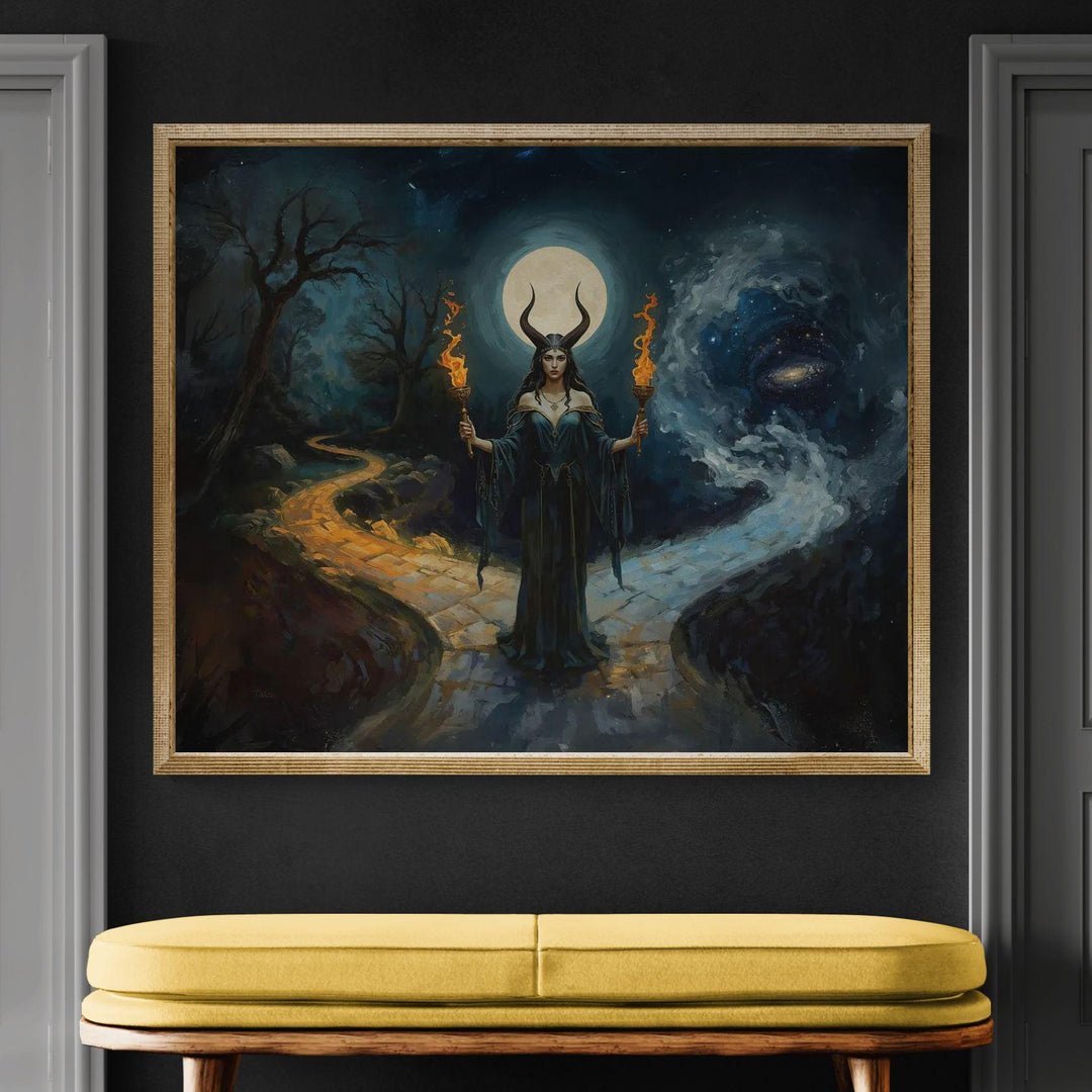 Hecate-inspired dark fantasy illustration of a horned moon goddess holding twin flaming torches beneath a glowing full moon at a cosmic crossroads between worlds.
