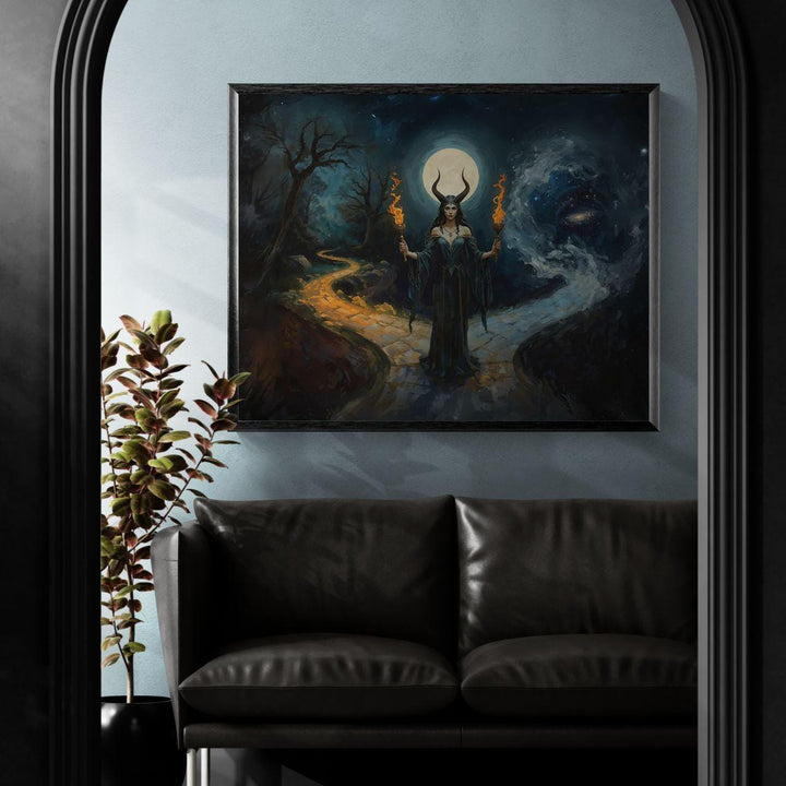 Hecate-inspired dark fantasy illustration of a horned moon goddess holding twin flaming torches beneath a glowing full moon at a cosmic crossroads between worlds.