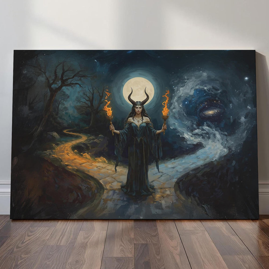 Hecate-inspired dark fantasy illustration of a horned moon goddess holding twin flaming torches beneath a glowing full moon at a cosmic crossroads between worlds.