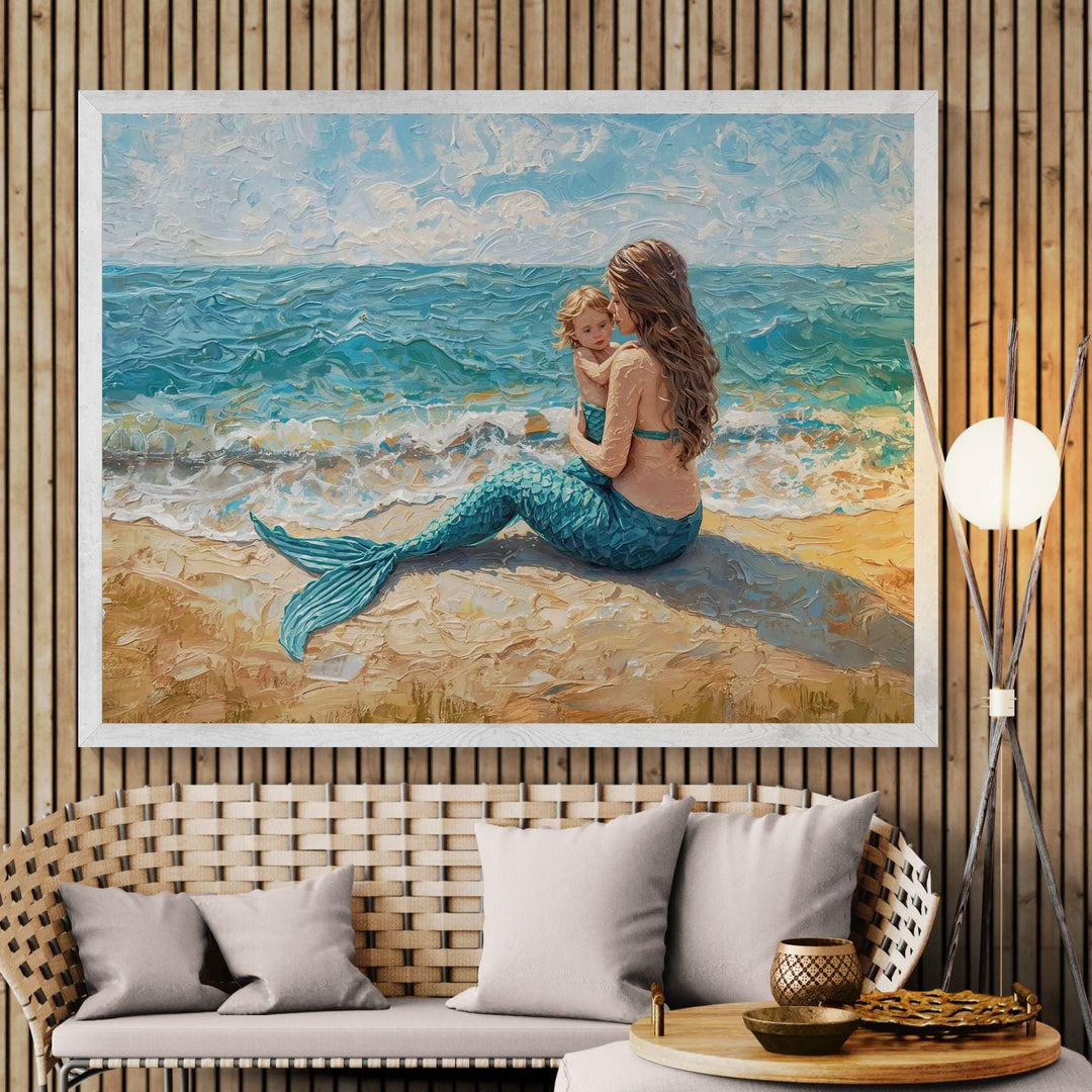 Painterly fantasy illustration of a mermaid mother sitting on a sandy beach holding her child while turquoise waves roll gently behind them.