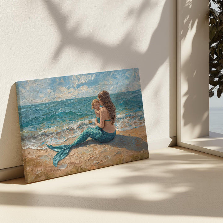 Painterly fantasy illustration of a mermaid mother sitting on a sandy beach holding her child while turquoise waves roll gently behind them.