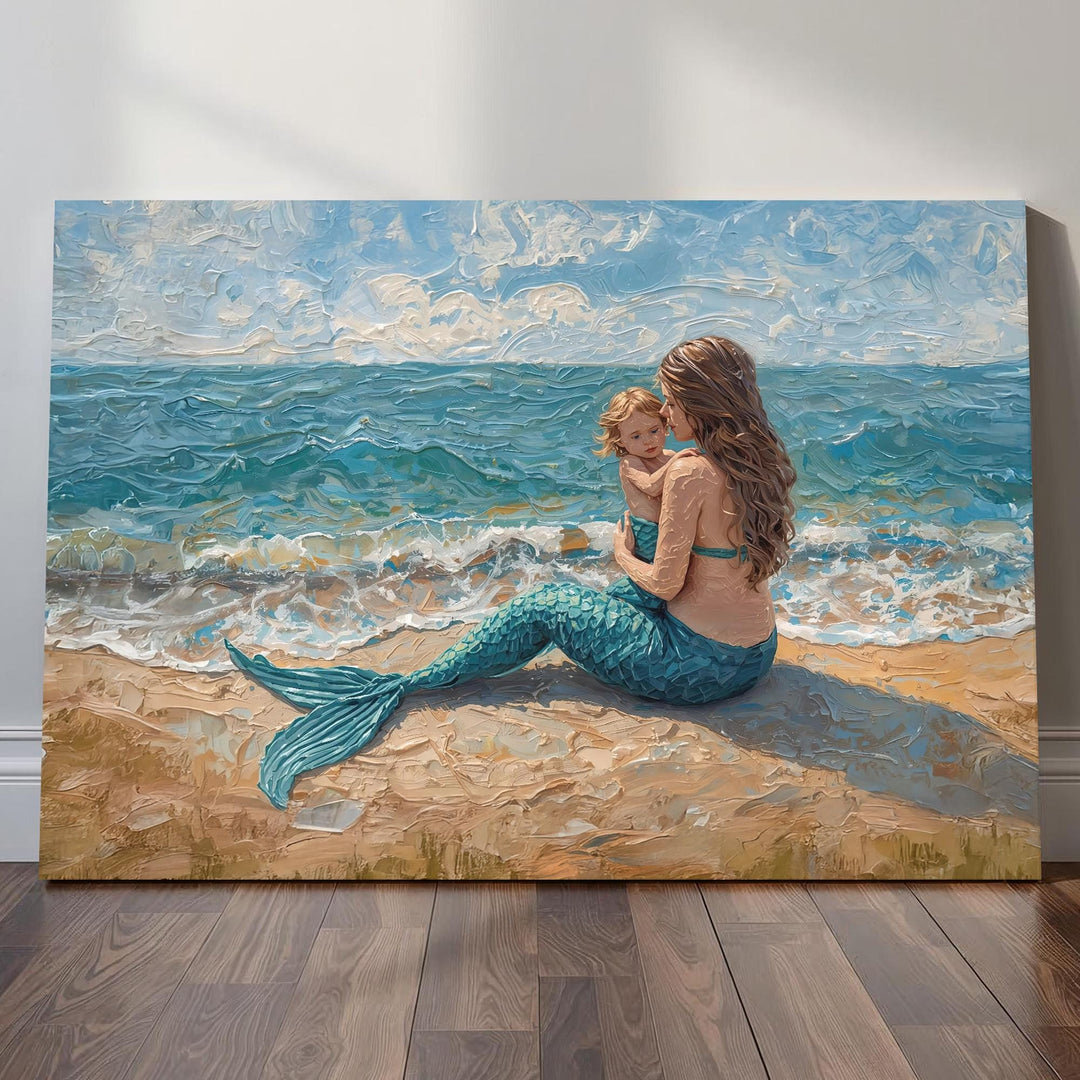 Painterly fantasy illustration of a mermaid mother sitting on a sandy beach holding her child while turquoise waves roll gently behind them.