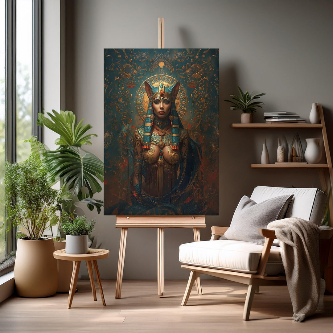 Detailed fantasy portrait of an Egyptian cat goddess inspired by Bastet, wearing elaborate turquoise and gold headdress, ornate jewelry, sacred halo, and intricate filigree background in deep teal and crimson tones.
