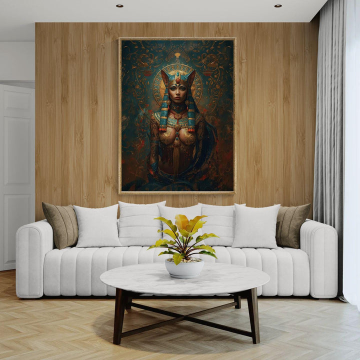 Detailed fantasy portrait of an Egyptian cat goddess inspired by Bastet, wearing elaborate turquoise and gold headdress, ornate jewelry, sacred halo, and intricate filigree background in deep teal and crimson tones.