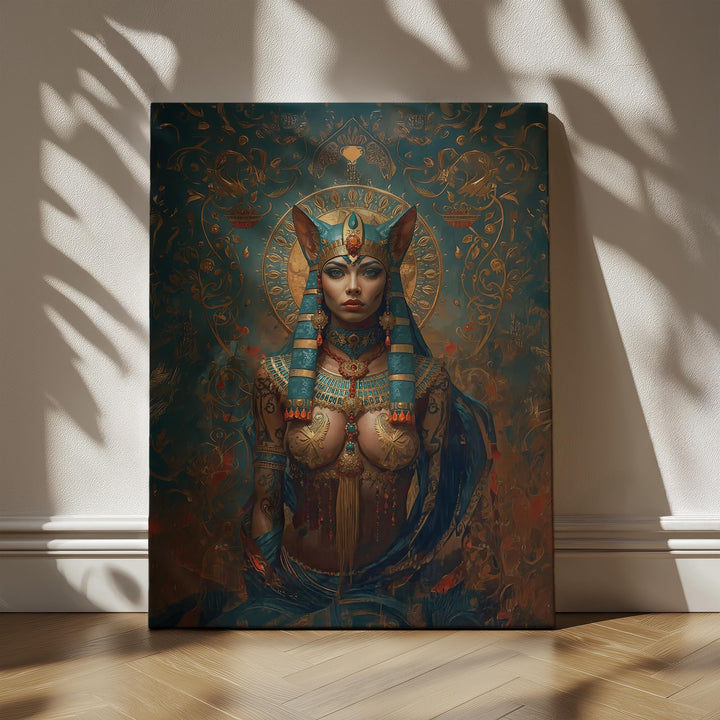 Detailed fantasy portrait of an Egyptian cat goddess inspired by Bastet, wearing elaborate turquoise and gold headdress, ornate jewelry, sacred halo, and intricate filigree background in deep teal and crimson tones.