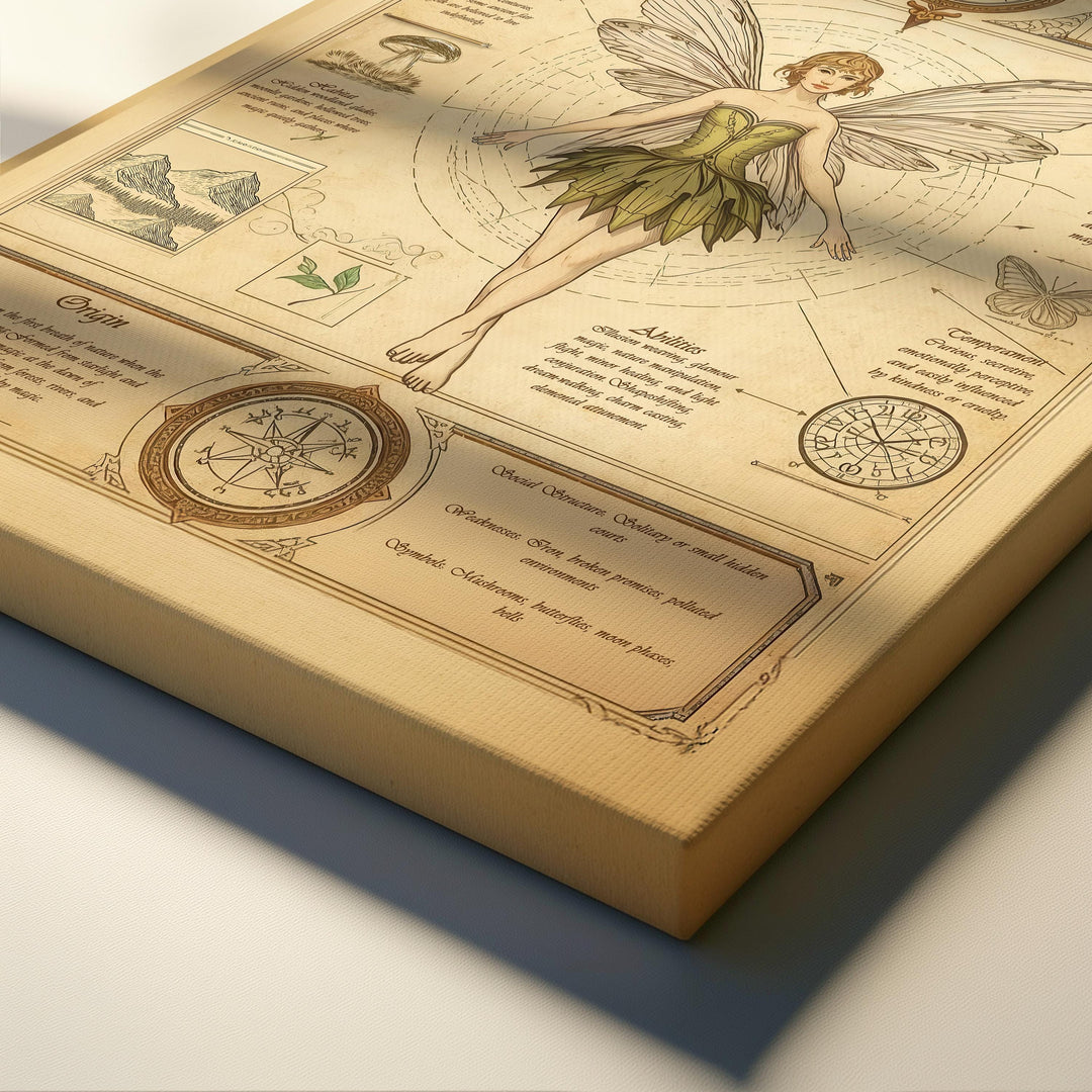 Fairy wall art in antique field guide style showing a winged fae centered on aged parchment, surrounded by celestial symbols, botanical drawings, handwritten lore, and vintage diagram elements, available as canvas or matte art print.