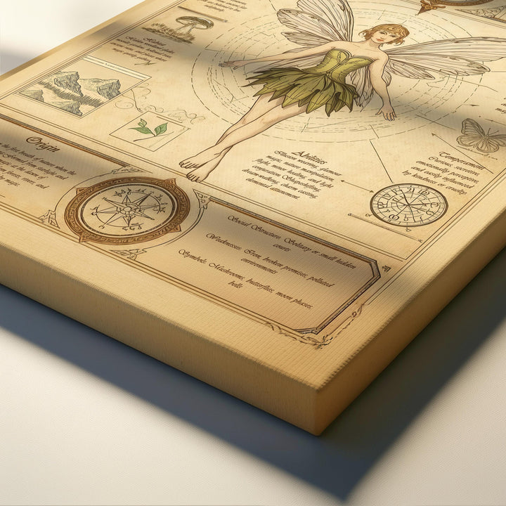 Fairy wall art in antique field guide style showing a winged fae centered on aged parchment, surrounded by celestial symbols, botanical drawings, handwritten lore, and vintage diagram elements, available as canvas or matte art print.