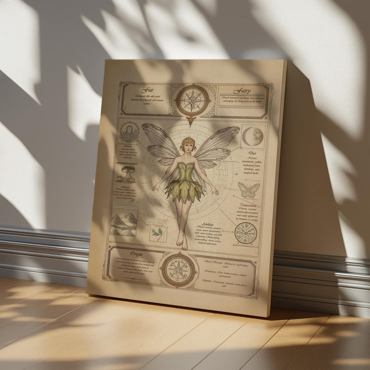 Fairy wall art in antique field guide style showing a winged fae centered on aged parchment, surrounded by celestial symbols, botanical drawings, handwritten lore, and vintage diagram elements, available as canvas or matte art print.