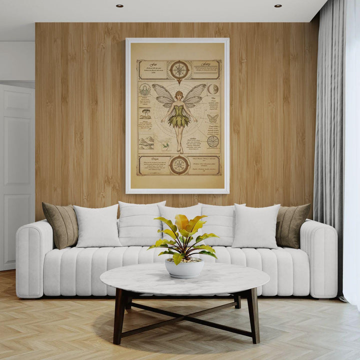 Fairy wall art in antique field guide style showing a winged fae centered on aged parchment, surrounded by celestial symbols, botanical drawings, handwritten lore, and vintage diagram elements, available as canvas or matte art print.