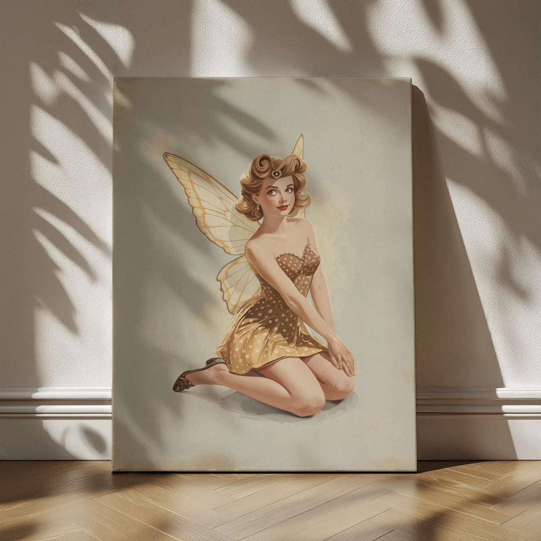Pin up fairy wall art showing a vintage glamour fairy in a playful seated pose with soft pastel background, golden wings, and whimsical fantasy aesthetic, available as canvas, art print, or framed print.