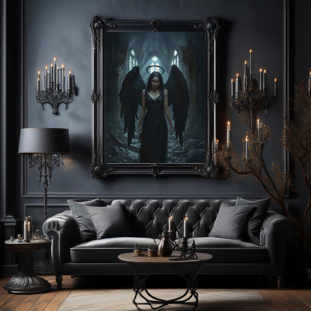 Dark fantasy artwork of a fallen angel with black wings and cracked halo standing inside a ruined gothic cathedral, surrounded by broken stone and moody light