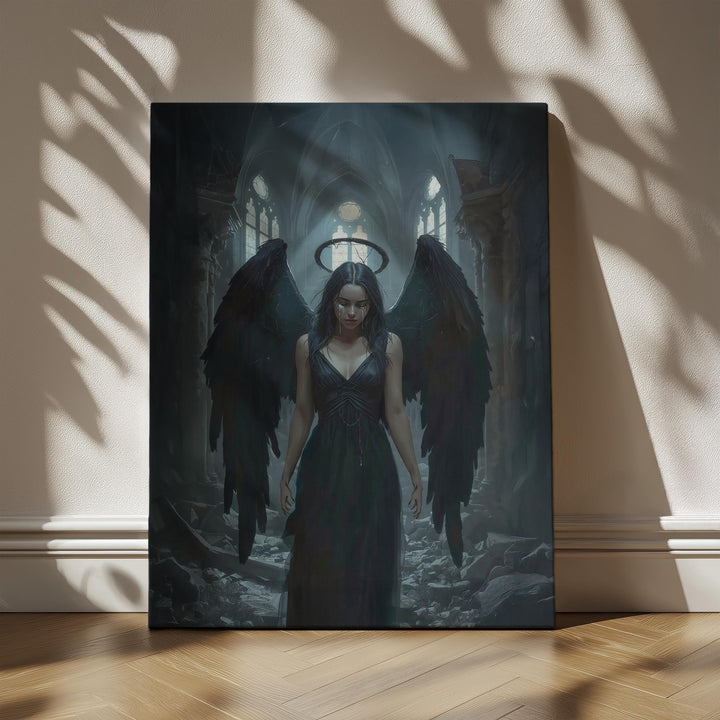 Dark fantasy artwork of a fallen angel with black wings and cracked halo standing inside a ruined gothic cathedral, surrounded by broken stone and moody light