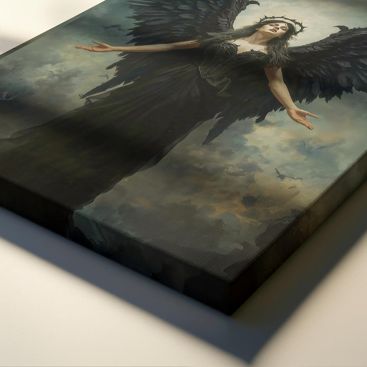 Dark fantasy artwork of a powerful black-winged angel rising beneath stormy skies with crown halo and dramatic lighting