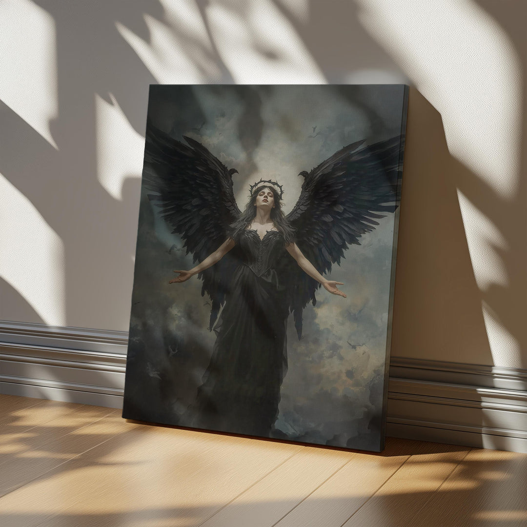 Dark fantasy artwork of a powerful black-winged angel rising beneath stormy skies with crown halo and dramatic lighting