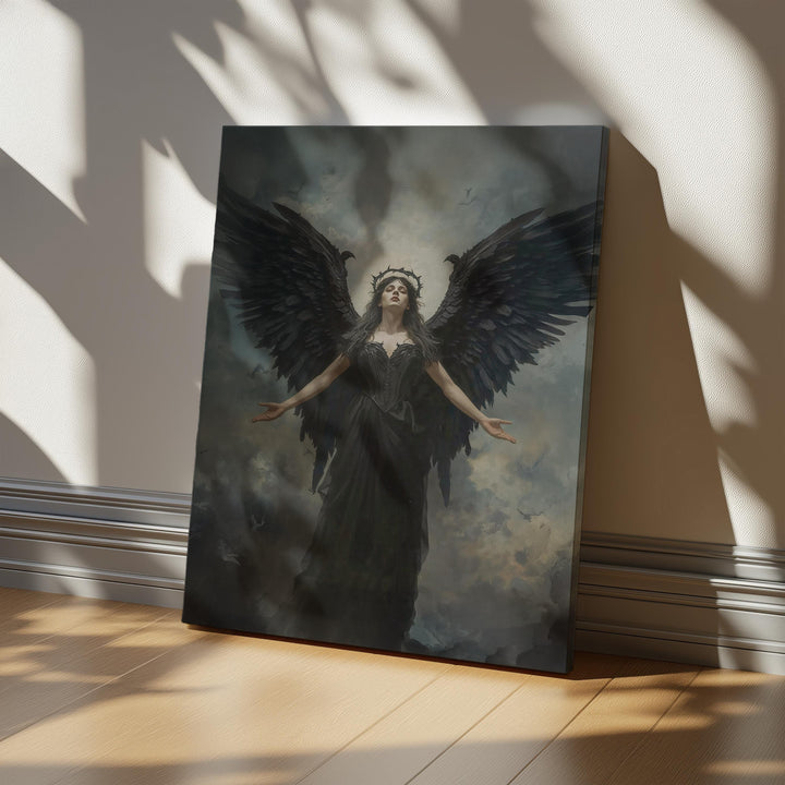 Dark fantasy artwork of a powerful black-winged angel rising beneath stormy skies with crown halo and dramatic lighting