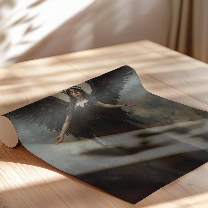 Dark fantasy artwork of a powerful black-winged angel rising beneath stormy skies with crown halo and dramatic lighting
