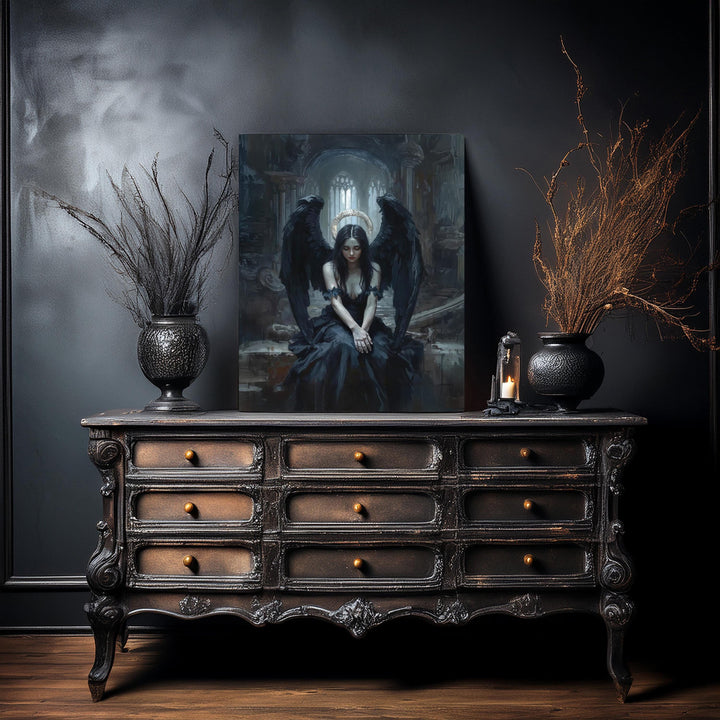 Dark fantasy artwork of a seated fallen angel with black wings inside a ruined gothic cathedral, surrounded by shadow and soft light