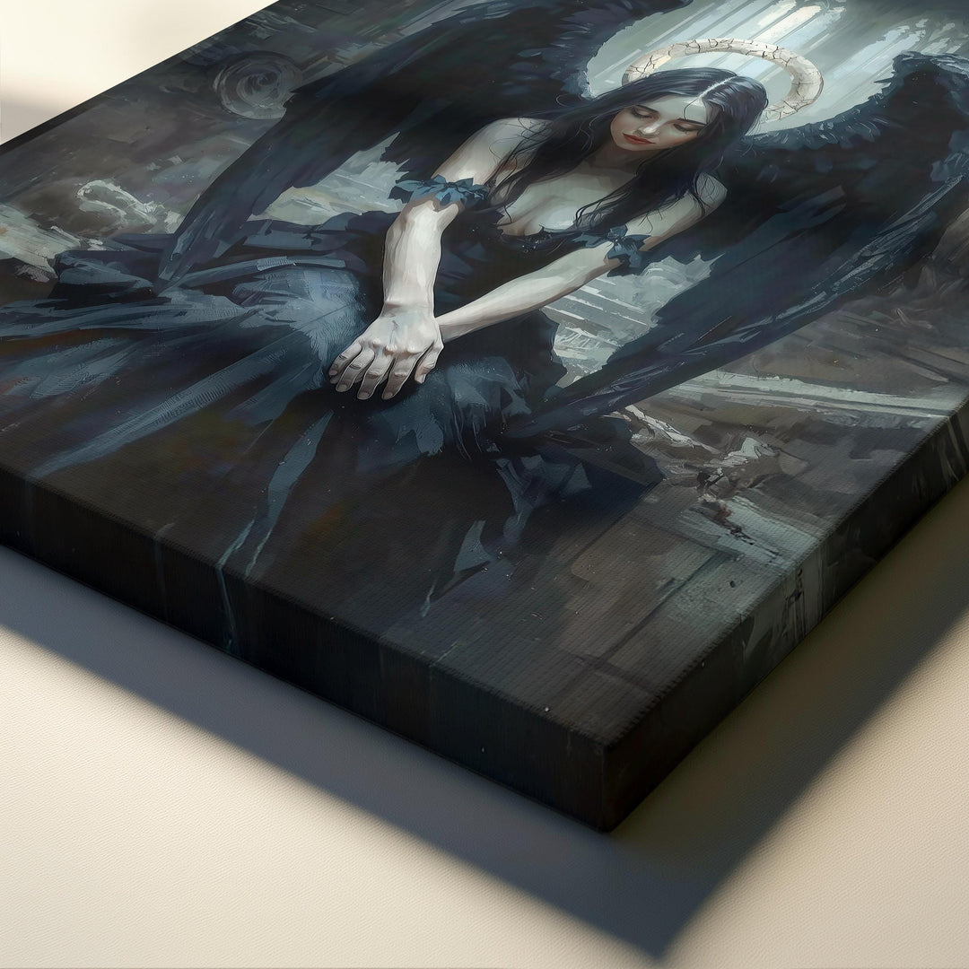 Dark fantasy artwork of a seated fallen angel with black wings inside a ruined gothic cathedral, surrounded by shadow and soft light