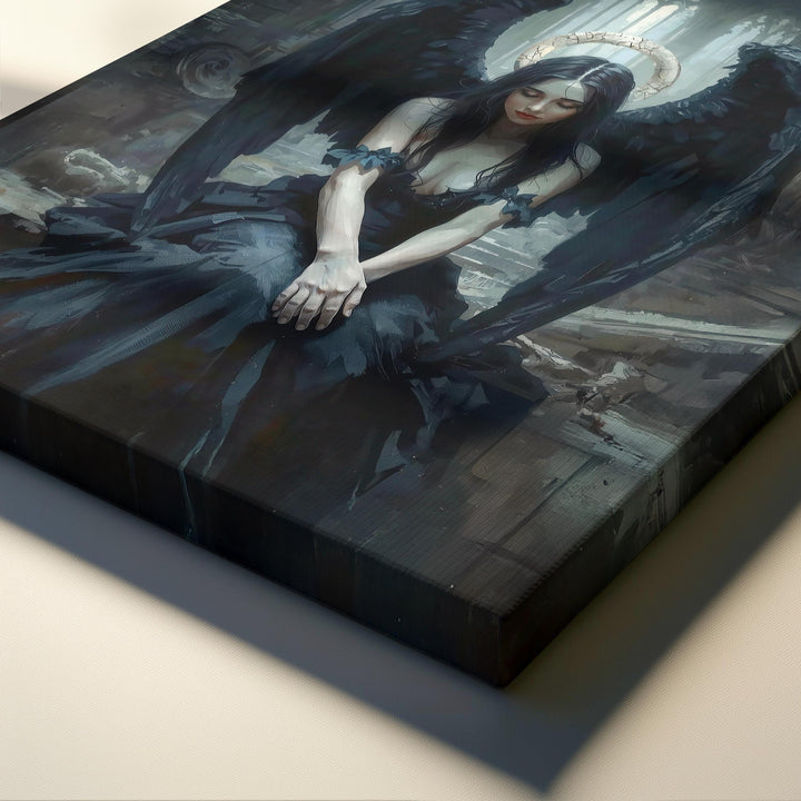 Dark fantasy artwork of a seated fallen angel with black wings inside a ruined gothic cathedral, surrounded by shadow and soft light