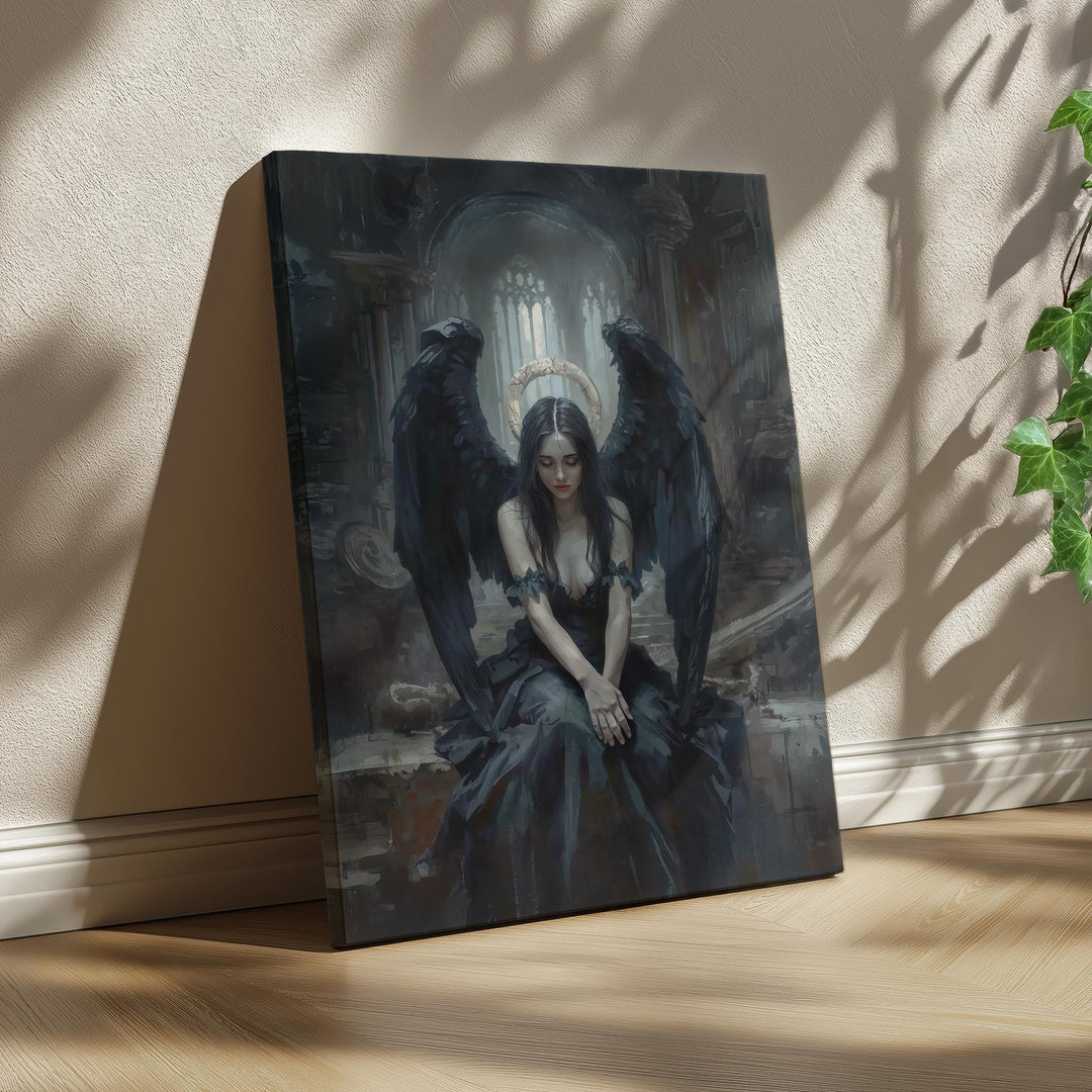 Dark fantasy artwork of a seated fallen angel with black wings inside a ruined gothic cathedral, surrounded by shadow and soft light