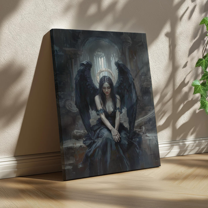 Dark fantasy artwork of a seated fallen angel with black wings inside a ruined gothic cathedral, surrounded by shadow and soft light