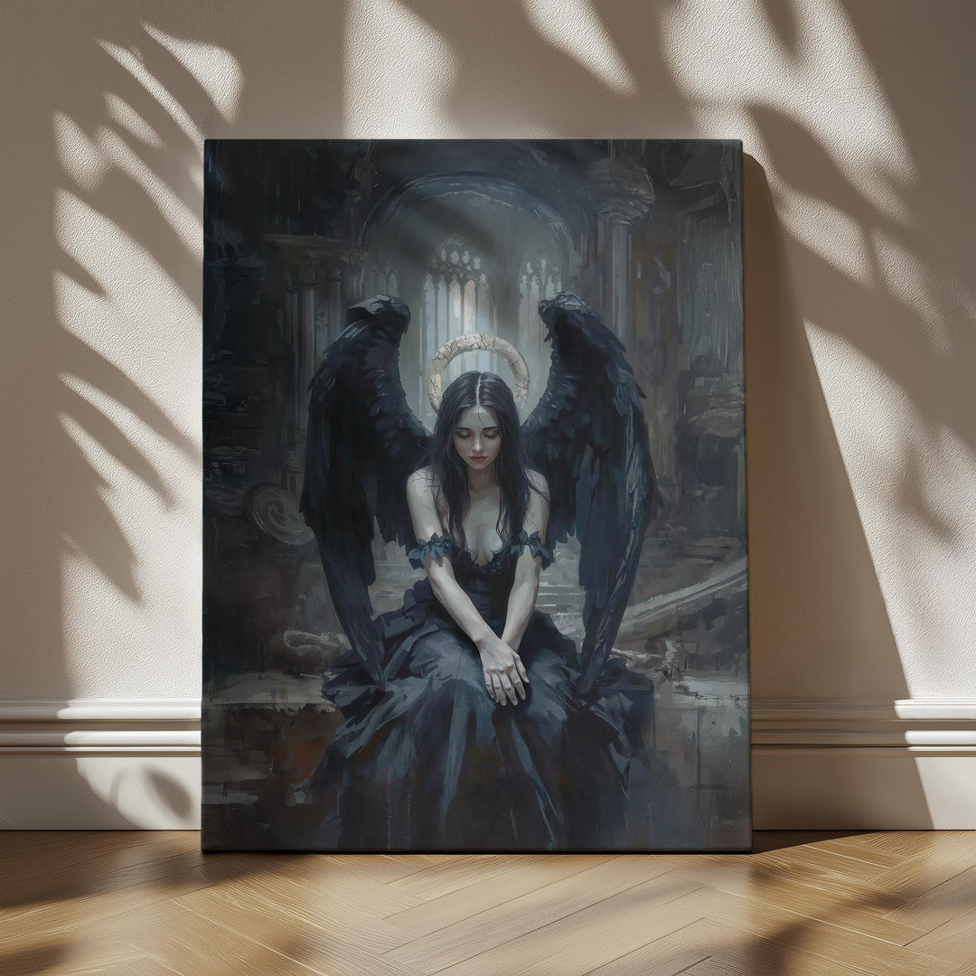 Dark fantasy artwork of a seated fallen angel with black wings inside a ruined gothic cathedral, surrounded by shadow and soft light