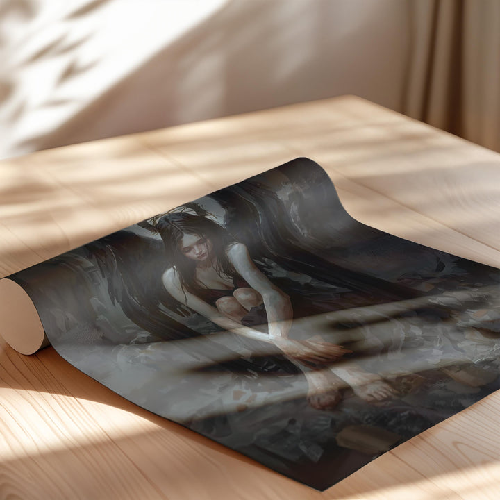 Gothic dark fantasy artwork of a fallen angel wearing a thorn crown halo with expansive black wings and dramatic lighting