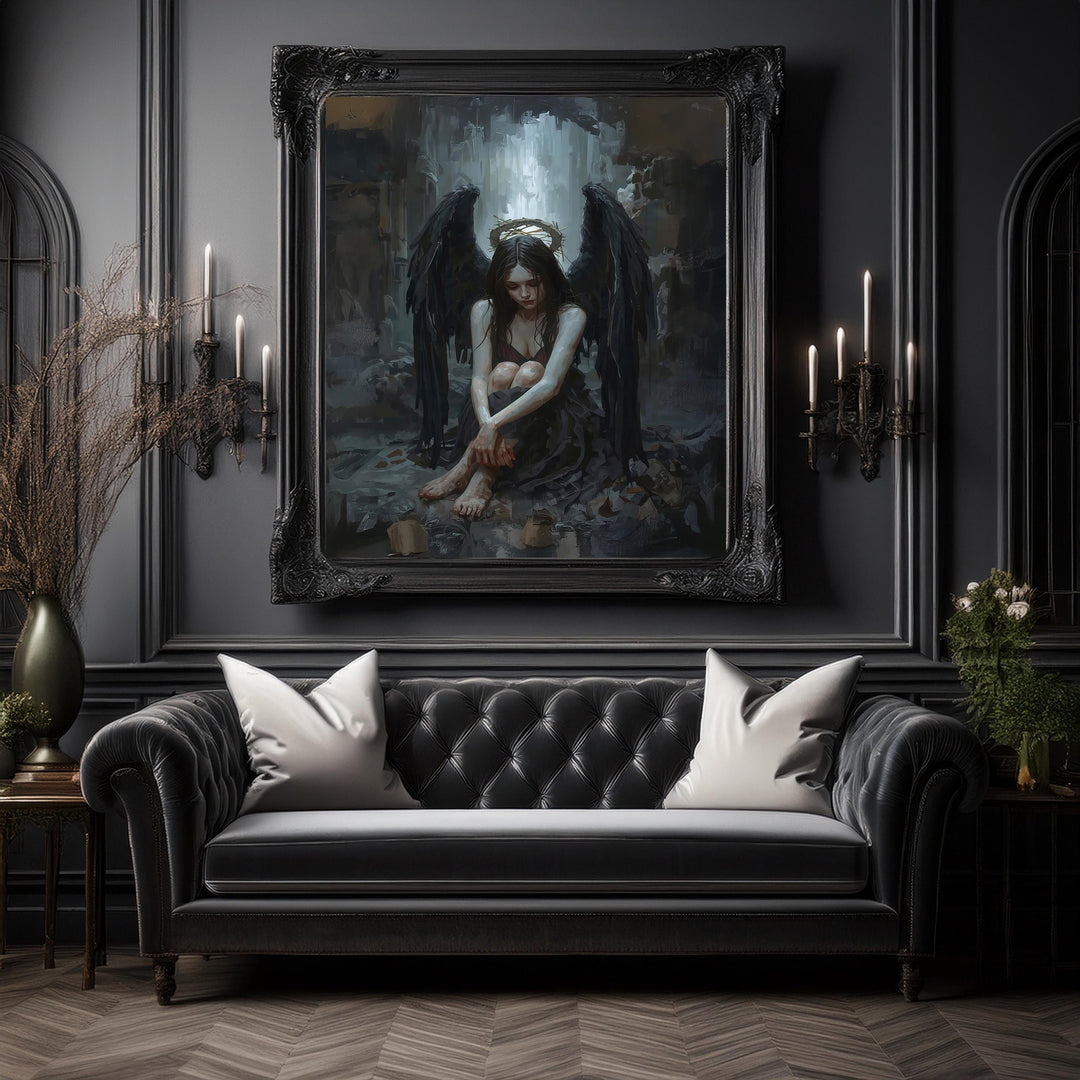 Gothic dark fantasy artwork of a fallen angel wearing a thorn crown halo with expansive black wings and dramatic lighting
