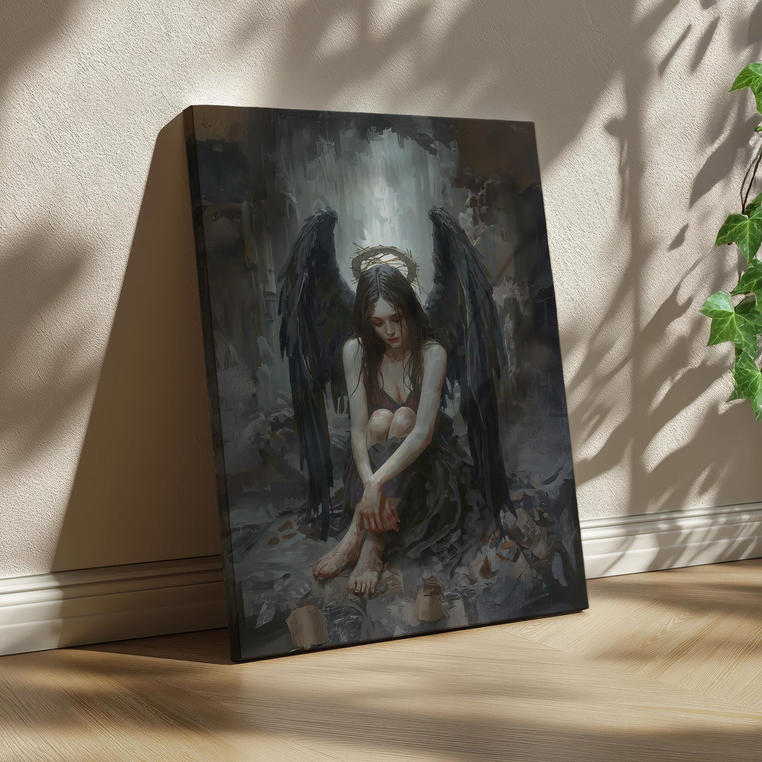 Gothic dark fantasy artwork of a fallen angel wearing a thorn crown halo with expansive black wings and dramatic lighting