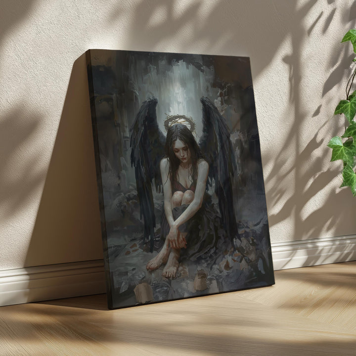 Gothic dark fantasy artwork of a fallen angel wearing a thorn crown halo with expansive black wings and dramatic lighting