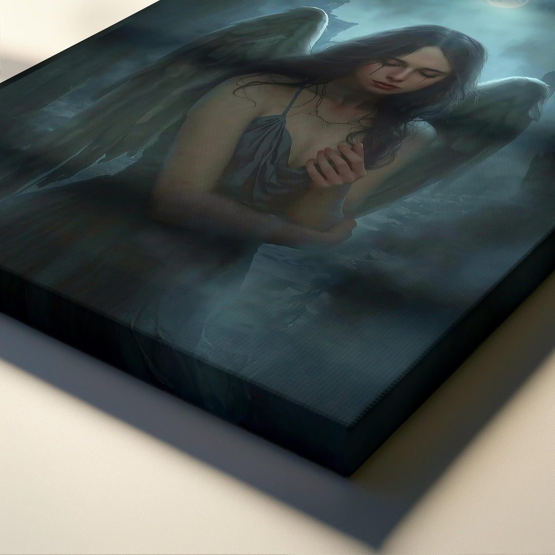 Dark fantasy artwork of a fallen angel with soft black wings standing beneath a glowing full moon in gothic ruins