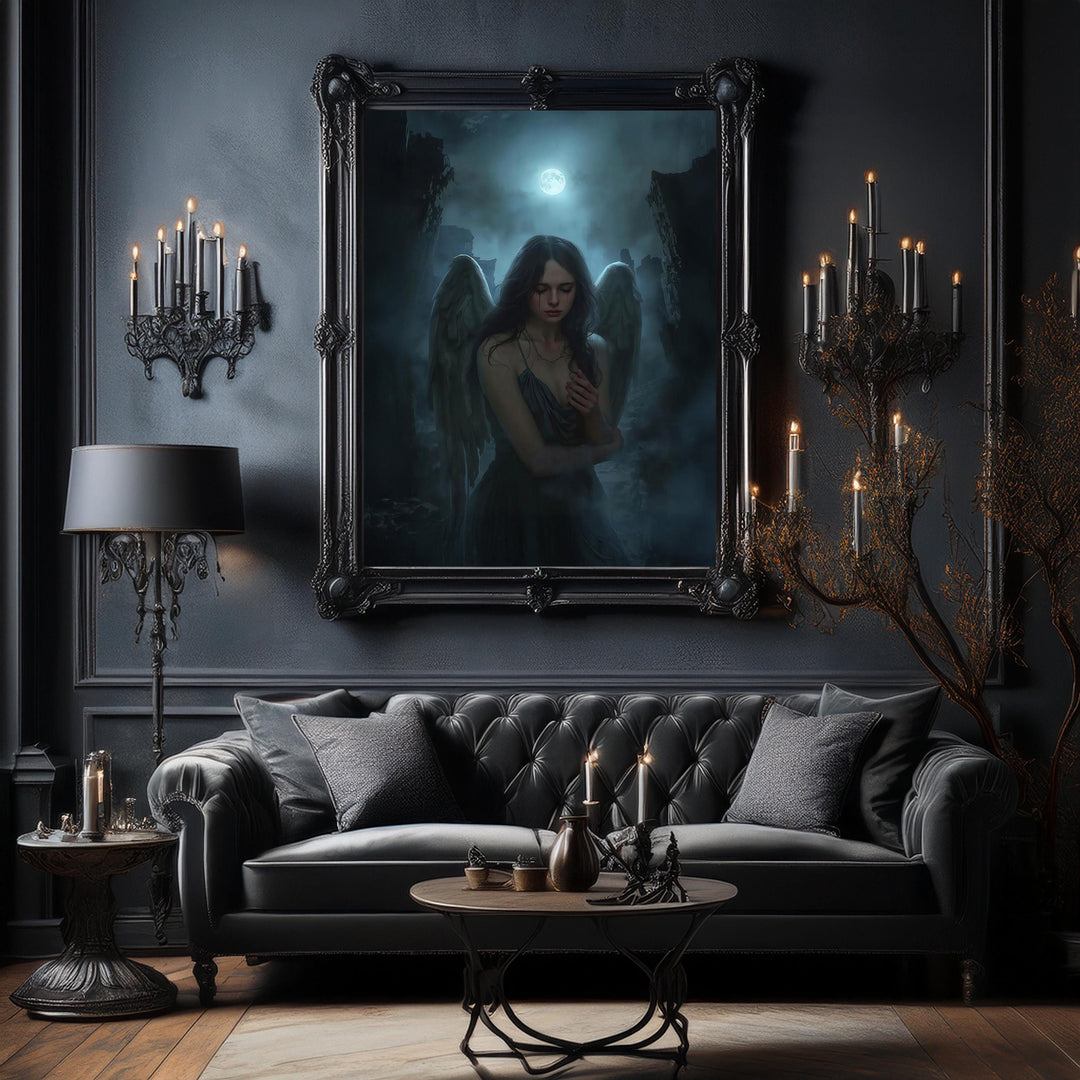 Dark fantasy artwork of a fallen angel with soft black wings standing beneath a glowing full moon in gothic ruins