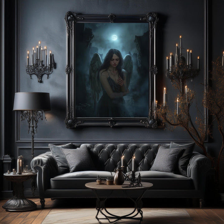Dark fantasy artwork of a fallen angel with soft black wings standing beneath a glowing full moon in gothic ruins