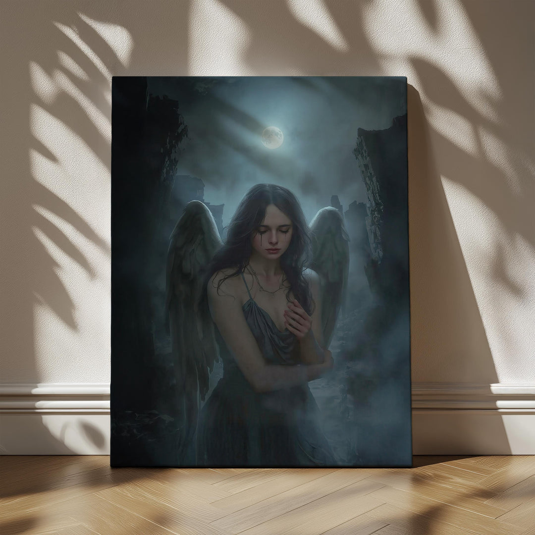 Dark fantasy artwork of a fallen angel with soft black wings standing beneath a glowing full moon in gothic ruins