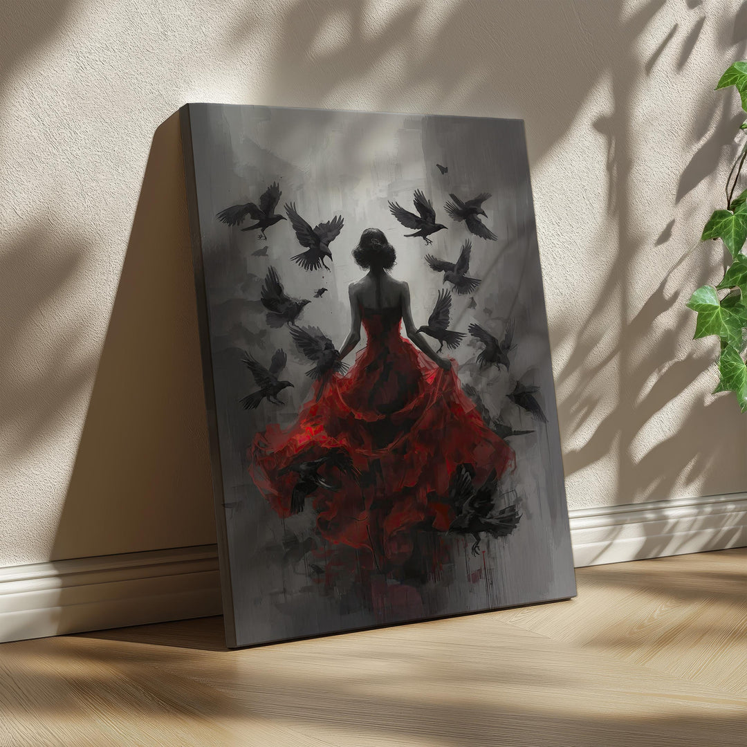 Dark gothic wall art featuring a mysterious woman in a flowing red dress with ravens flying around her in a moody shadowed setting.