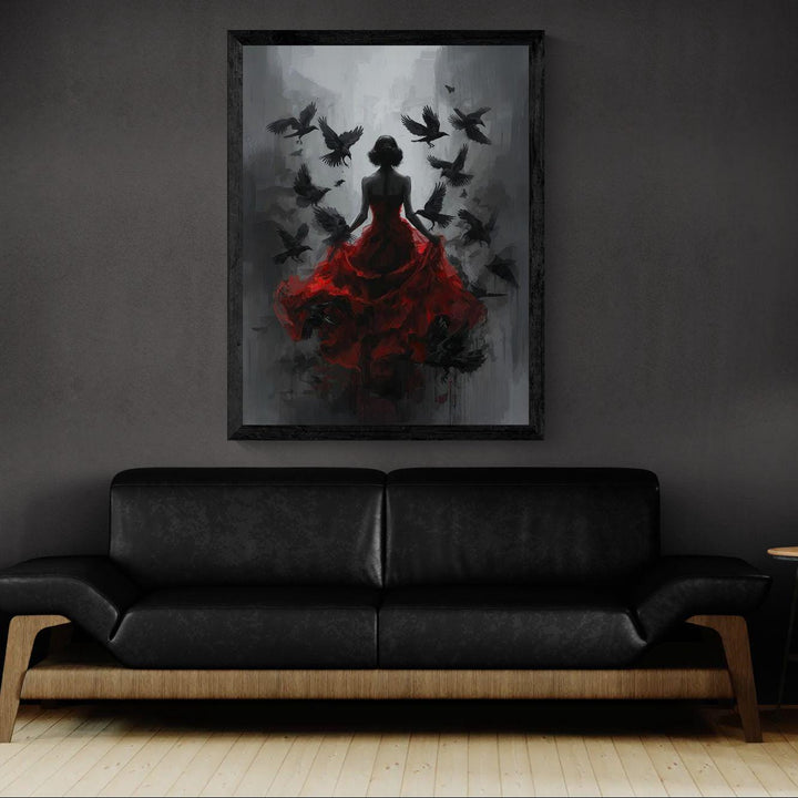 Dark gothic wall art featuring a mysterious woman in a flowing red dress with ravens flying around her in a moody shadowed setting.