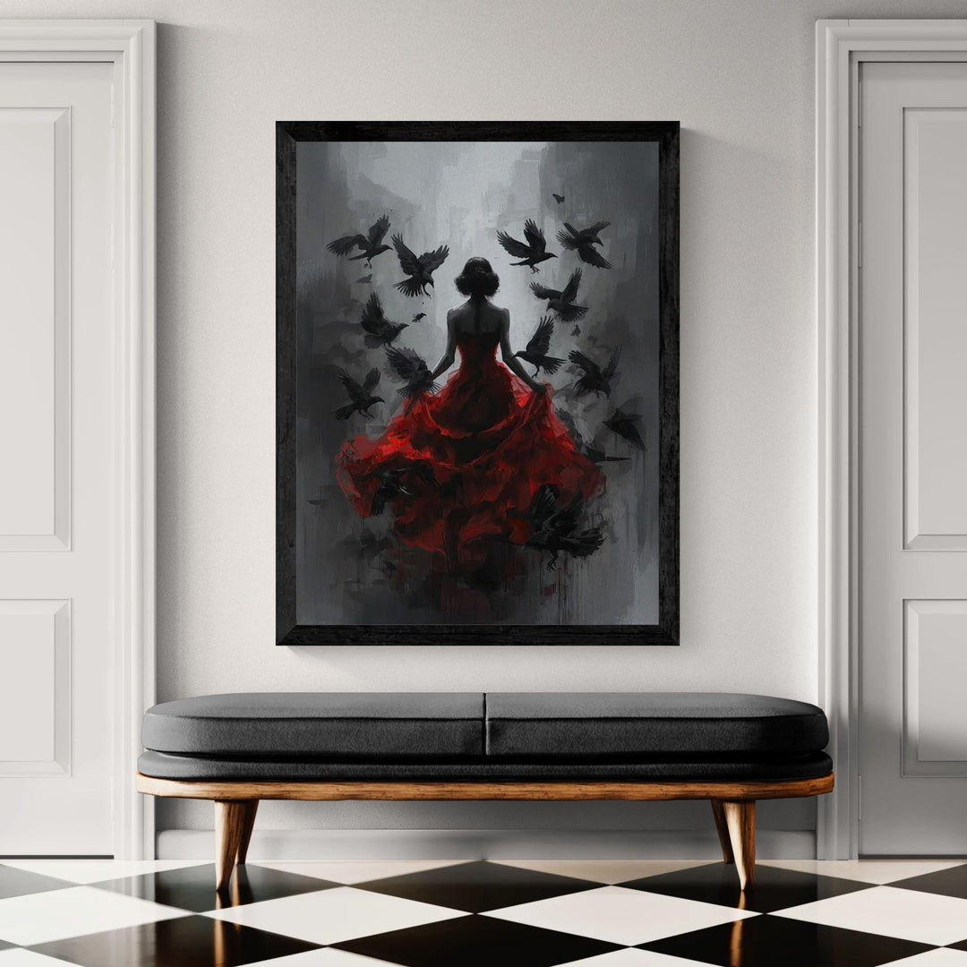 Dark gothic wall art featuring a mysterious woman in a flowing red dress with ravens flying around her in a moody shadowed setting.