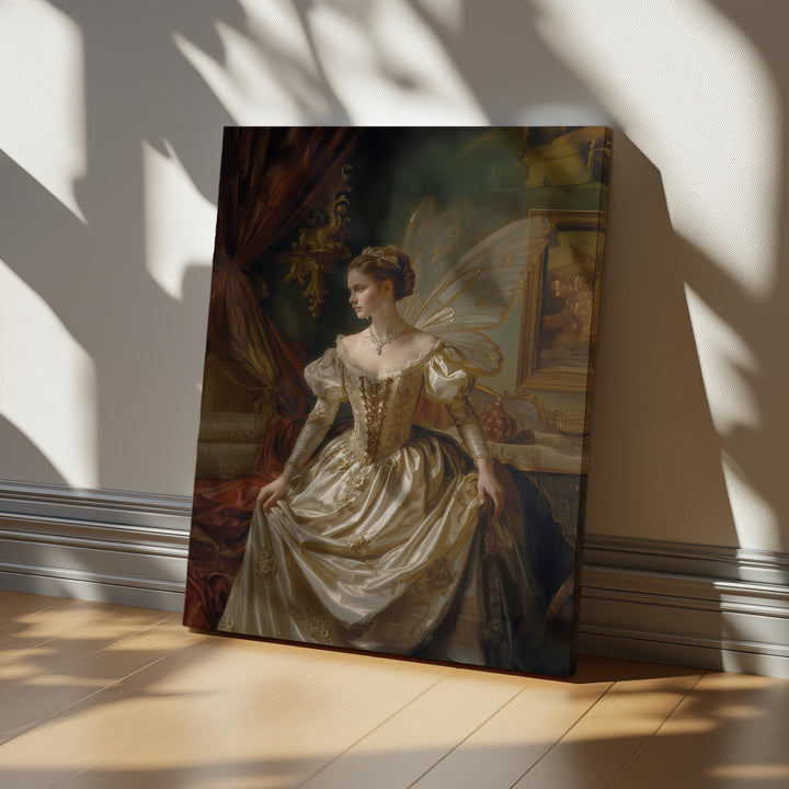 Renaissance fairy fantasy wall art featuring an elegant winged queen in a classical oil painting style with soft golden tones and romantic fairytale atmosphere