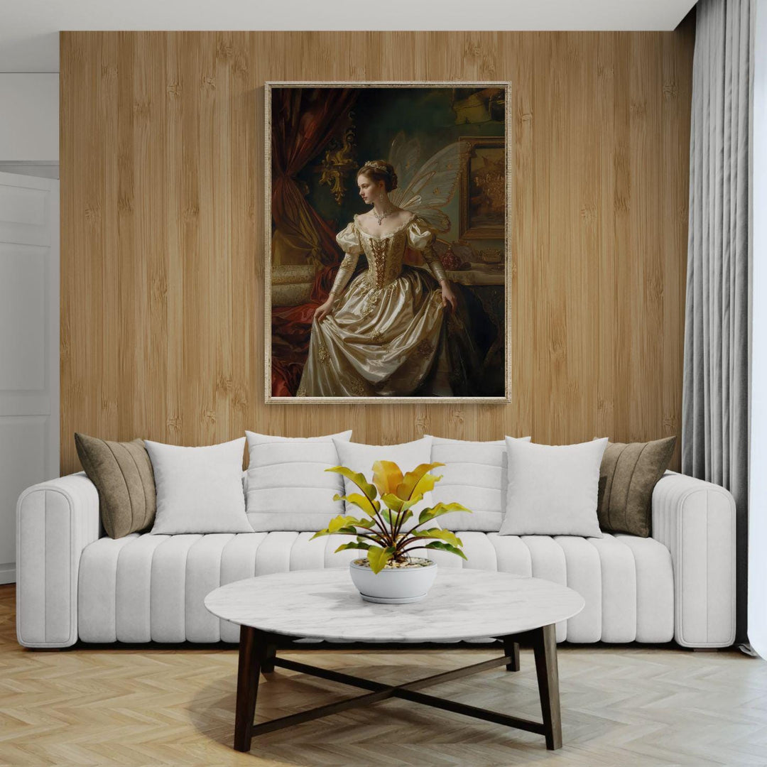 Renaissance fairy fantasy wall art featuring an elegant winged queen in a classical oil painting style with soft golden tones and romantic fairytale atmosphere