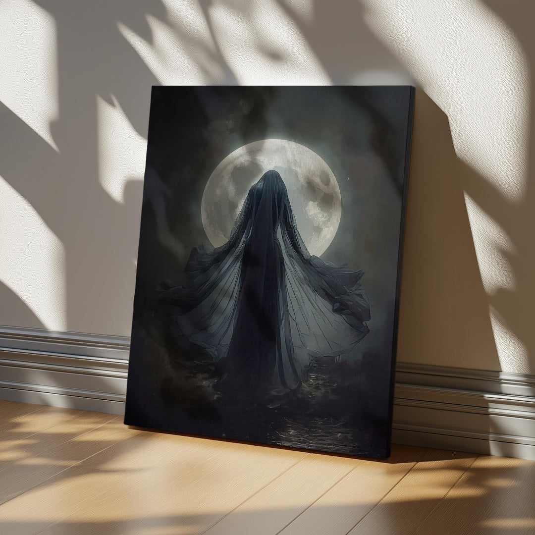 Dark fantasy illustration of a mysterious moon priestess draped in flowing veils standing before a radiant full moon, surrounded by deep shadows and mystical lunar atmosphere.