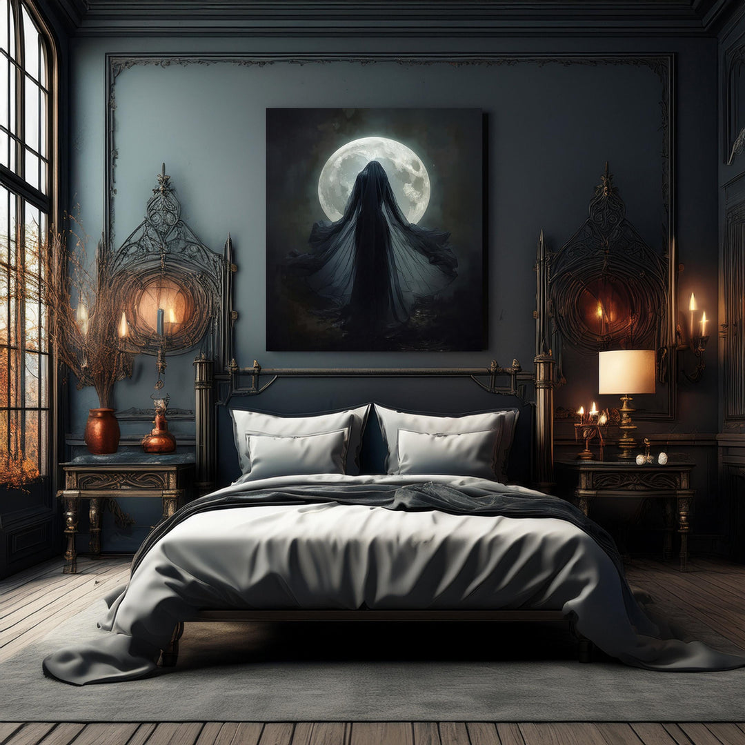 Dark fantasy illustration of a mysterious moon priestess draped in flowing veils standing before a radiant full moon, surrounded by deep shadows and mystical lunar atmosphere.